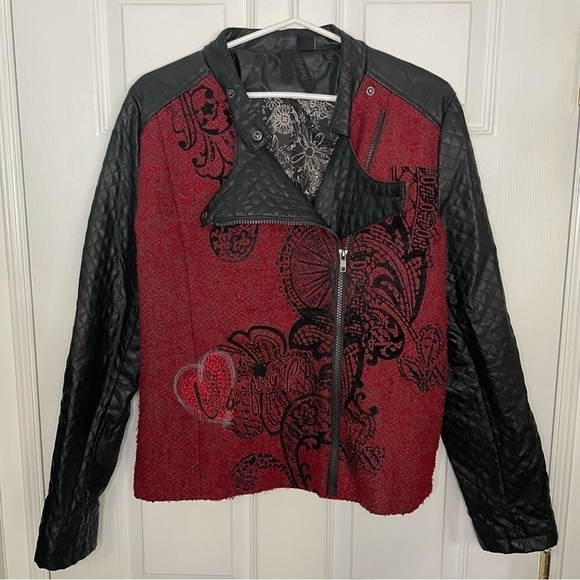 Desigual Wool Blend and Vegan Leather Black and Red Moto Jacket 42 - Picture 1 of 10